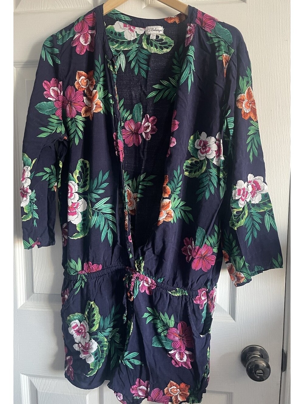 PJ Salvage Romper Women L Blue Floral Roll Tab Sleeves Shorts Drawstring Button